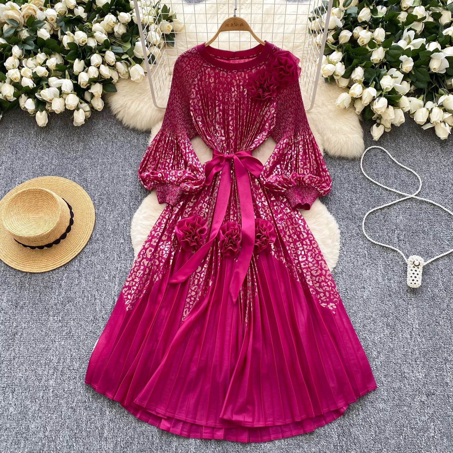 Miyake 2025 Cross border High end Hot Stamped Lantern Sleeve Folded Dress with Strap up 3D Decorative Flower Fairy Style Skirt Miyake 2025 Cross border High end Hot Stamped Lantern Sleeve Folded Dress with Strap up 3D Decorative Flower Fairy Style Skirt