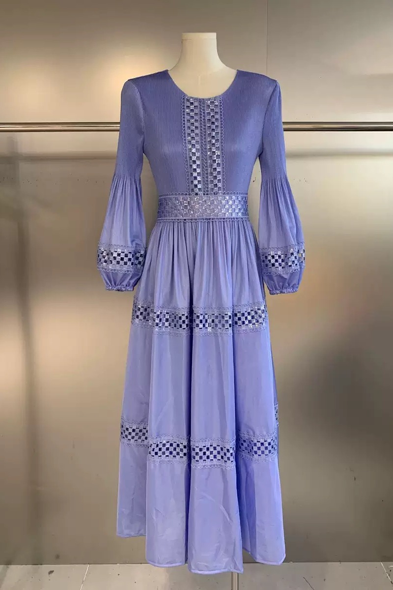 New cross-border three bedroom bohemian style embroidered lace hollow sequin pleated European, American, and African lace dress New cross-border three bedroom bohemian style embroidered lace hollow sequin pleated European, American, and African lace dress