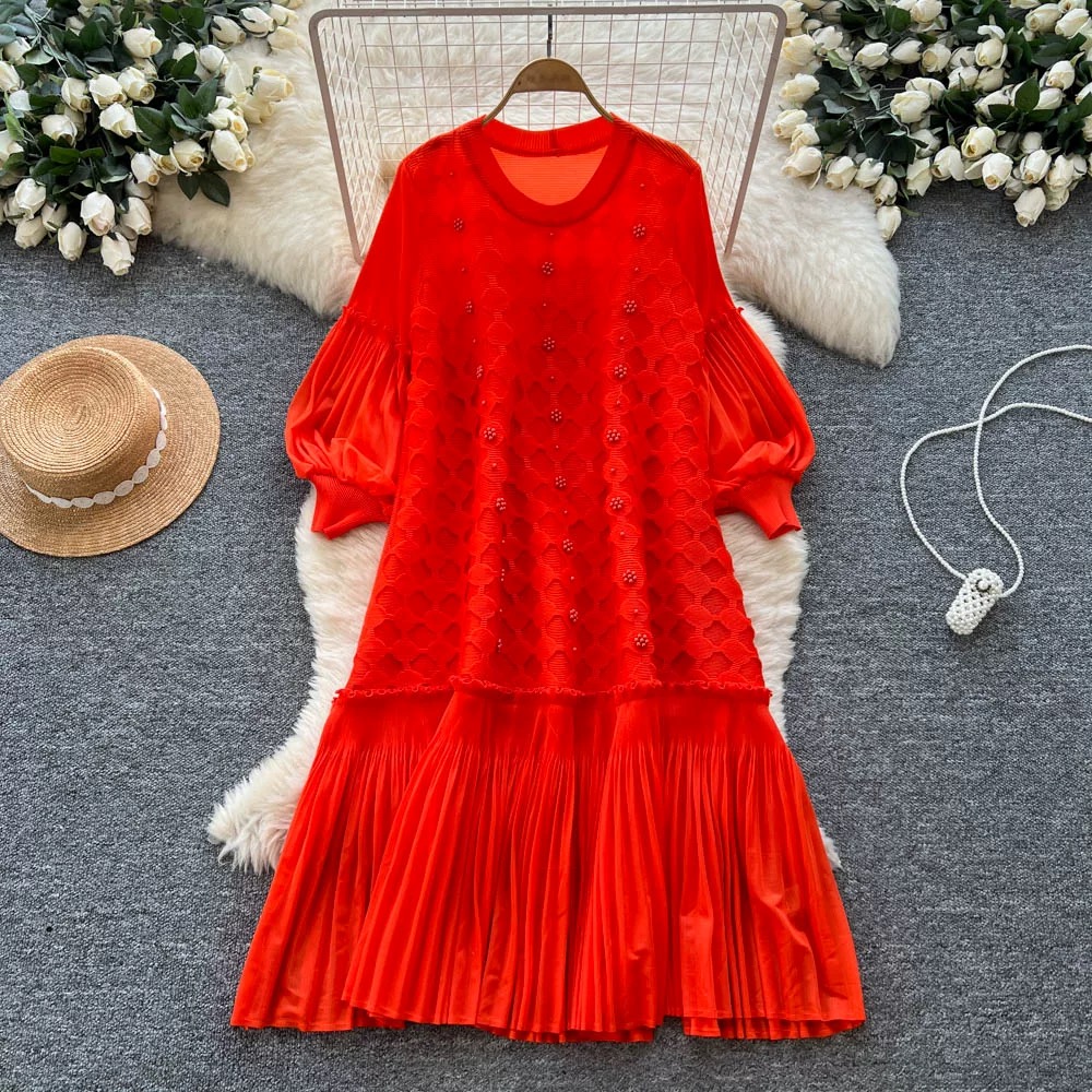 Miyake Cross border European and American Nail Bead Lantern Sleeve Folded Dress with Hollow Design, Loose and Elegant Lotus Leaf Side Length Skirt Miyake Cross border European and American Nail Bead Lantern Sleeve Folded Dress with Hollow Design, Loose and Elegant Lotus Leaf Side Length Skirt