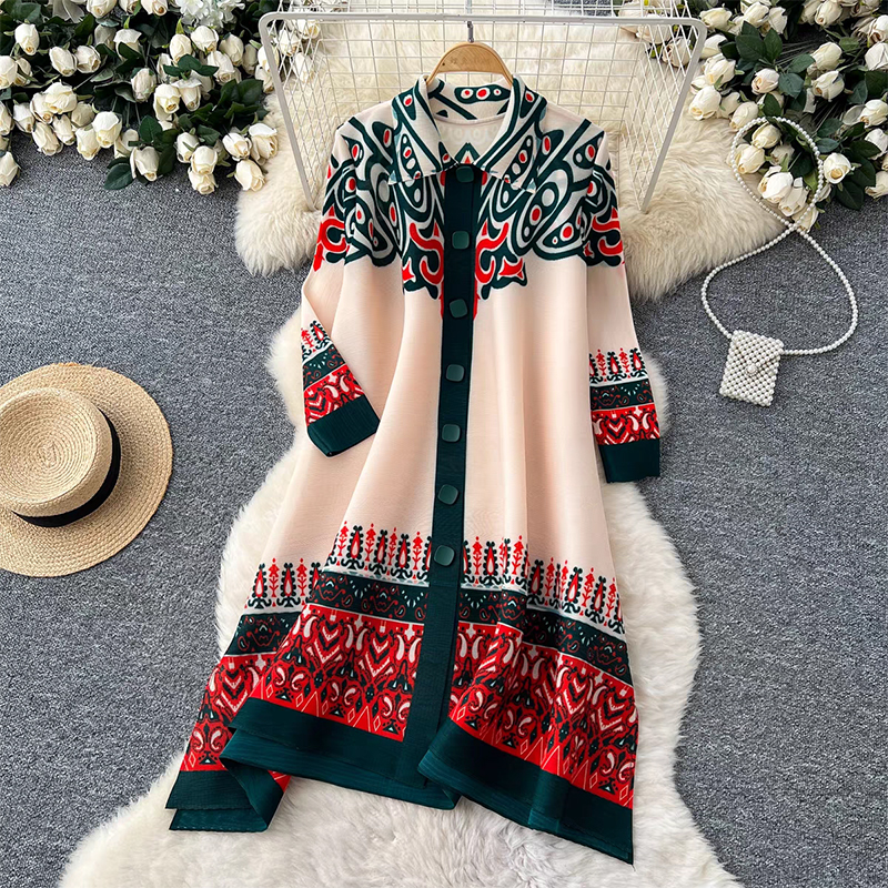 Sanzhai Spring and Autumn Mid length Loose Printed Slimming and Age Reducing Large Size MM Dress with Collar Fold and Nine Cent Sleeve Sanzhai Spring and Autumn Mid length Loose Printed Slimming and Age Reducing Large Size MM Dress with Collar Fold and Nine Cent Sleeve