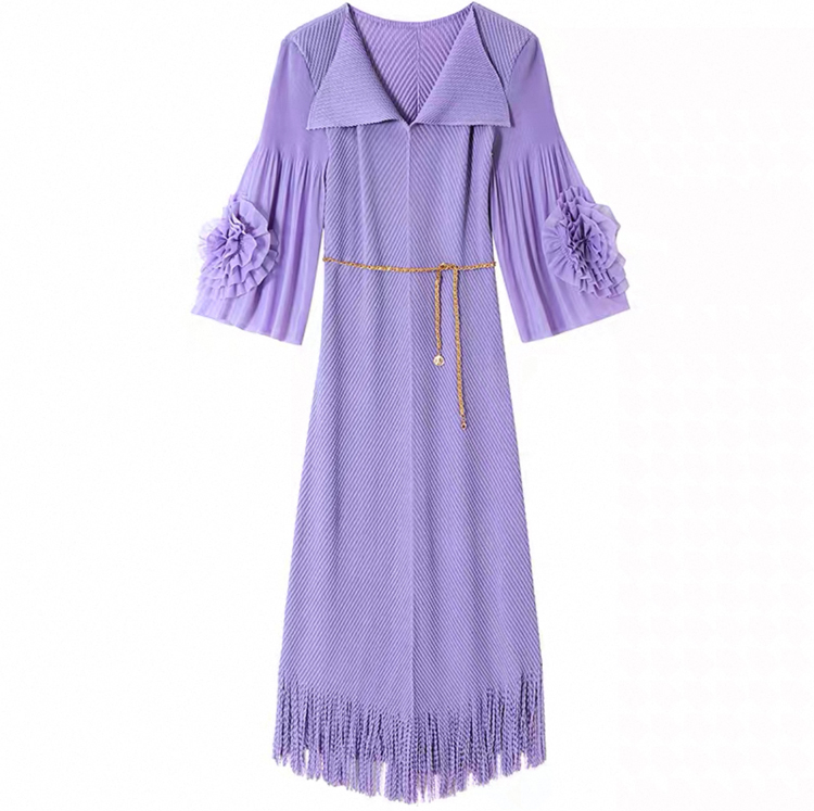 Miyake 2025 new pleated fish scale pleated dress with floral sleeves, tassel oversized women's clothing, elegant foreign trade, cross-border Miyake 2025 new pleated fish scale pleated dress with floral sleeves, tassel oversized women's clothing, elegant foreign trade, cross-border