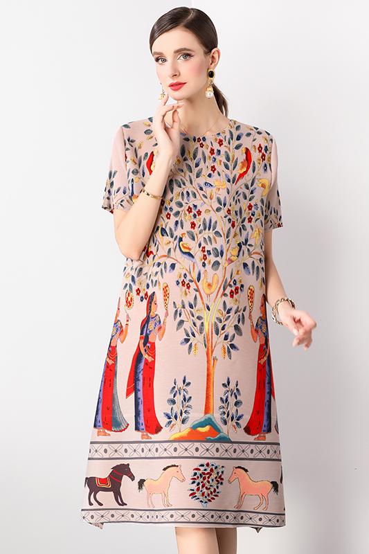 Retro printed pleated dress for women's stay at home mom, new fashionable temperament, plus size loose slimming mid length skirt Retro printed pleated dress for women's stay at home mom, new fashionable temperament, plus size loose slimming mid length skirt