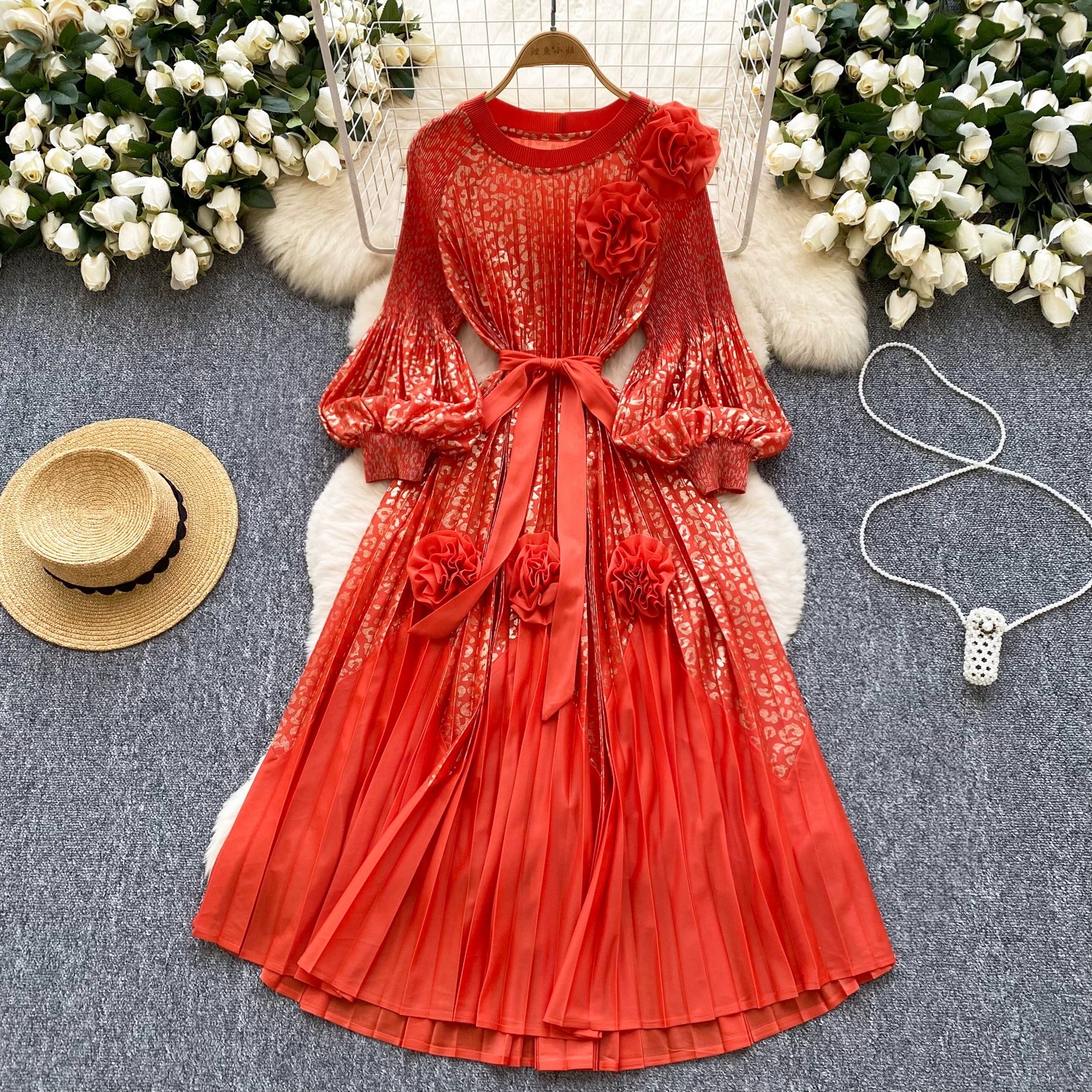 Miyake 2025 Cross border High end Hot Stamped Lantern Sleeve Folded Dress with Strap up 3D Decorative Flower Fairy Style Skirt Miyake 2025 Cross border High end Hot Stamped Lantern Sleeve Folded Dress with Strap up 3D Decorative Flower Fairy Style Skirt