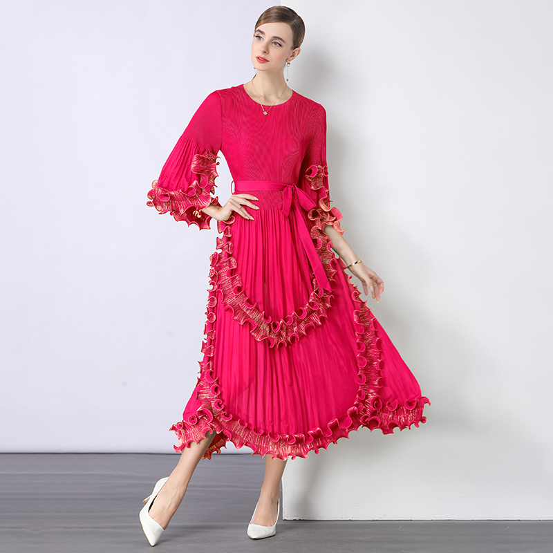 European and American court style hot stamping three bedroom dress with pleated fungus edges, high-end heavy industry cross-border loose waist dress European and American court style hot stamping three bedroom dress with pleated fungus edges, high-end heavy industry cross-border loose waist dress