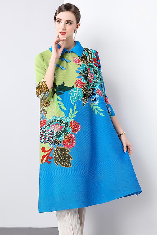 Miyake Chinese style lapel set with diamond print mm outfit with seven quarter sleeves and loose button pleats, shaking skirt, women's dress Miyake Chinese style lapel set with diamond print mm outfit with seven quarter sleeves and loose button pleats, shaking skirt, women's dress