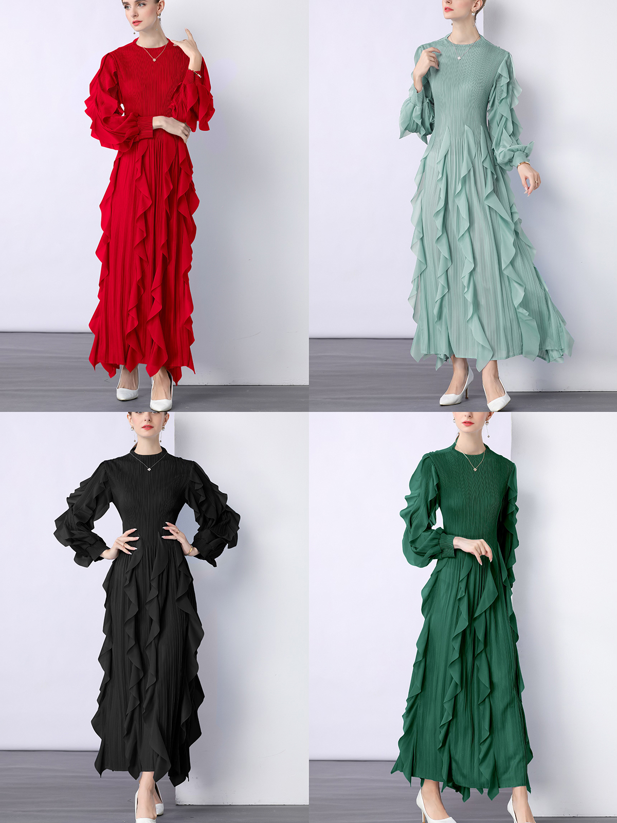 Sanzhai Cross border European and American Lotus Leaf Edge Heavy Industry Design Feel Folded High Waist Long Sleeve Light Mature Wind Loose Hanging Dress Sanzhai Cross border European and American Lotus Leaf Edge Heavy Industry Design Feel Folded High Waist Long Sleeve Light Mature Wind Loose Hanging Dress