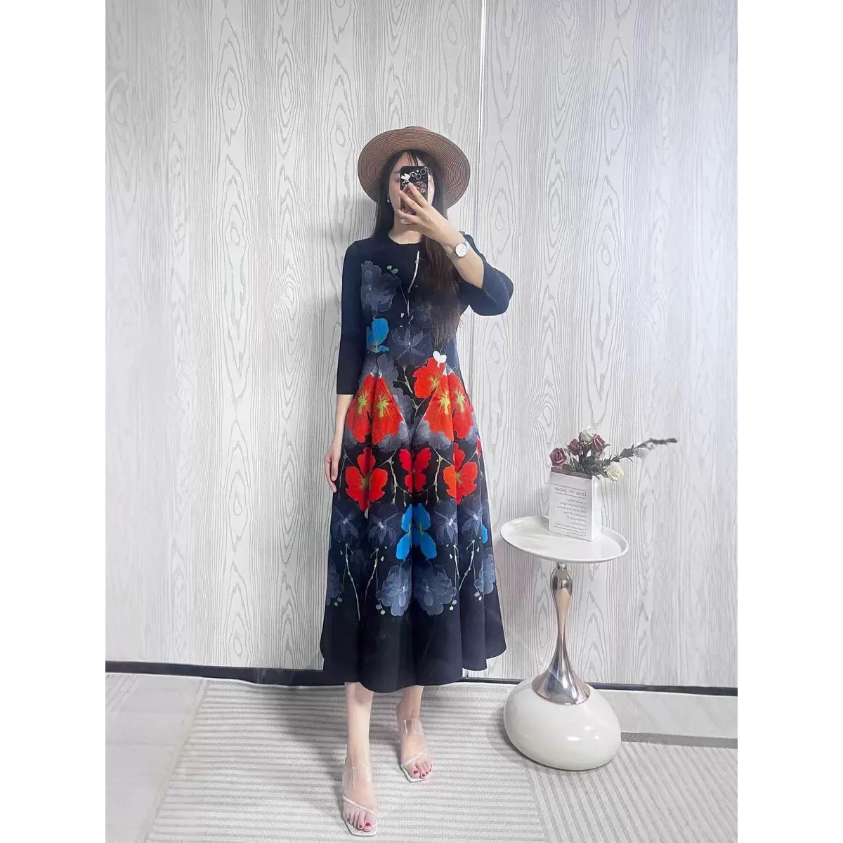 Wrinkled autumn gentle style French foreign trade printed long skirt, three bedroom flower bud eight piece skirt, elegant stretch plus size women's clothing Wrinkled autumn gentle style French foreign trade printed long skirt, three bedroom flower bud eight piece skirt, elegant stretch plus size women's clothing