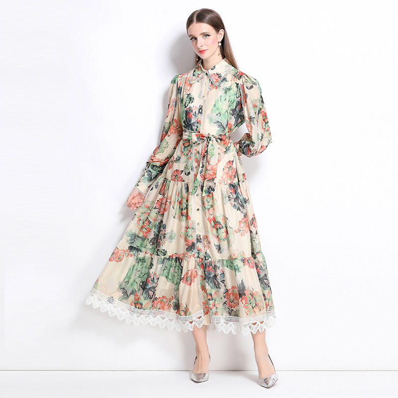 Real shot - Artistic style lace up waist cinching lapel long skirt with retro printed design, long dress Real shot - Artistic style lace up waist cinching lapel long skirt with retro printed design, long dress