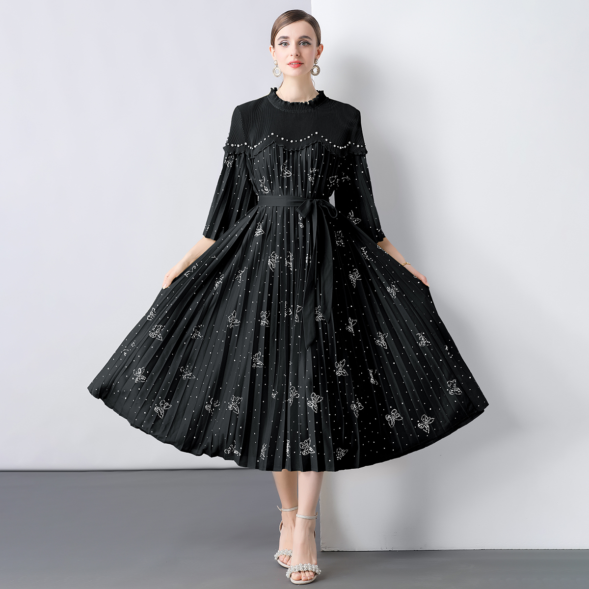 Miyake 2025 design sense heavy industry nail bead nail diamond tie loose dress pleated pleated pleated women's mid length skirt cross-border Miyake 2025 design sense heavy industry nail bead nail diamond tie loose dress pleated pleated pleated women's mid length skirt cross-border