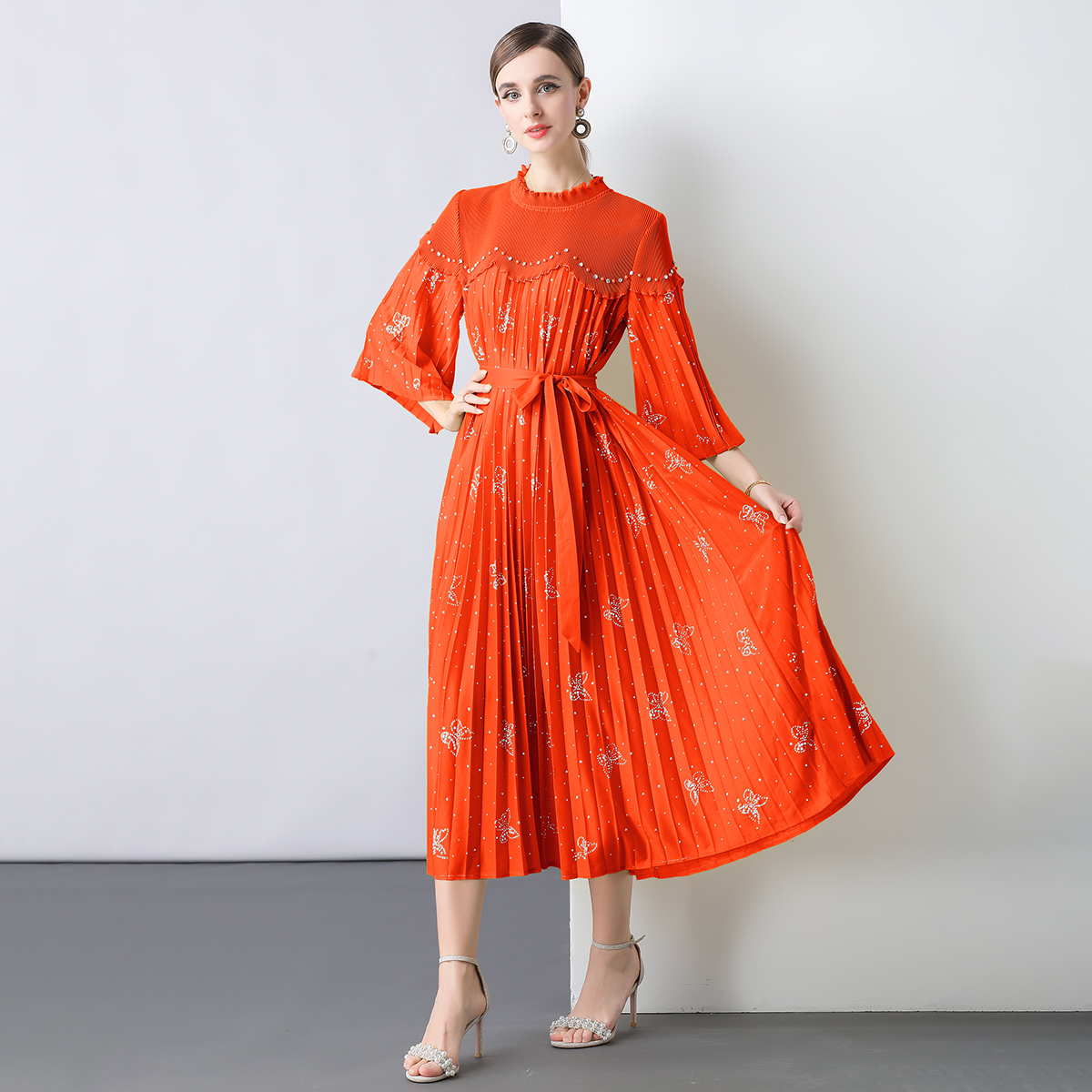 Miyake 2025 design sense heavy industry nail bead nail diamond tie loose dress pleated pleated pleated women's mid length skirt cross-border Miyake 2025 design sense heavy industry nail bead nail diamond tie loose dress pleated pleated pleated women's mid length skirt cross-border