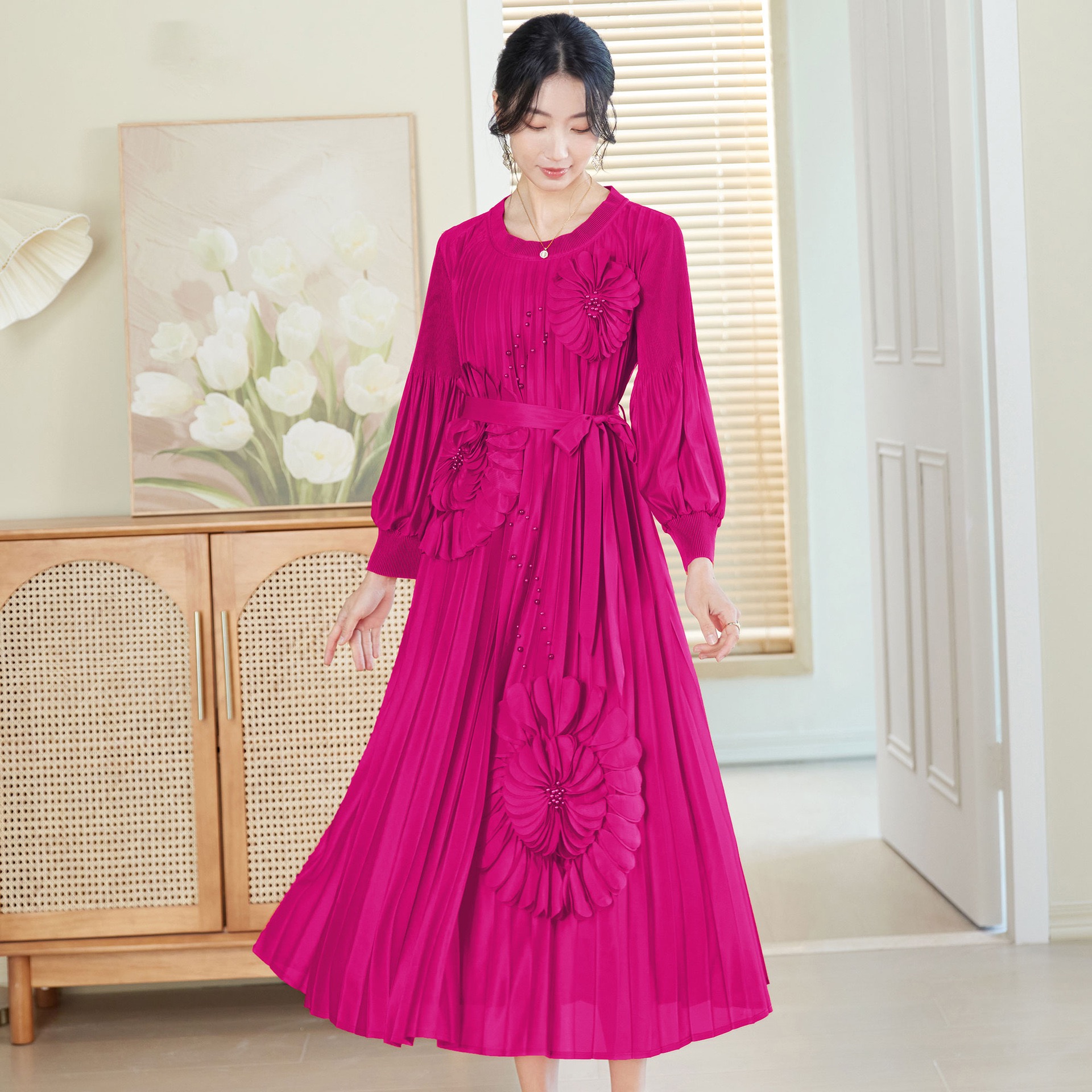 Miyake Europe and America Cross border Elegant Heavy Industry Three dimensional Flower Nail Bead Pendant Dress Loose Folded Dress for Women Miyake Europe and America Cross border Elegant Heavy Industry Three dimensional Flower Nail Bead Pendant Dress Loose Folded Dress for Women