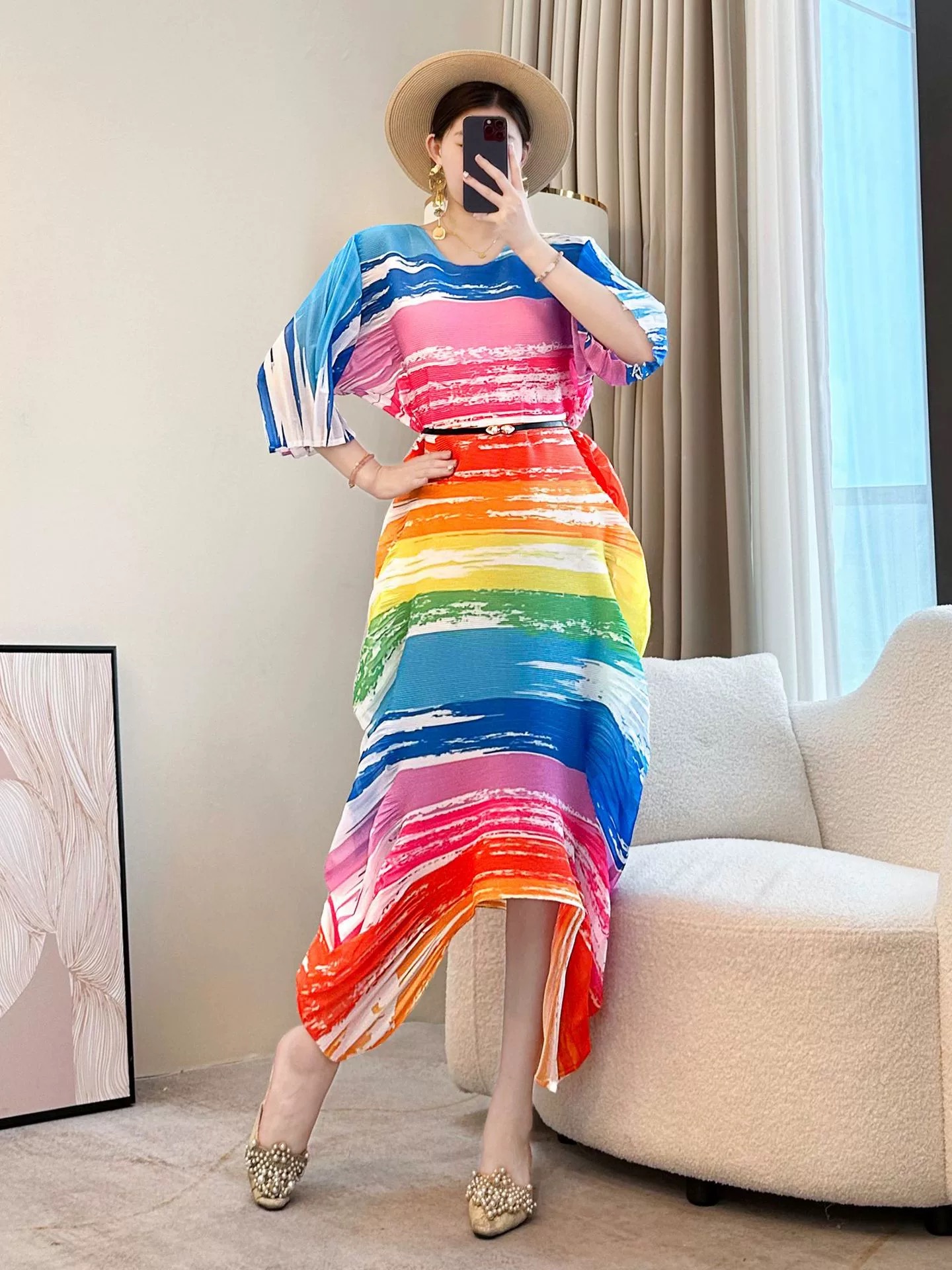 Miyake luxury, irregular ruffle edge design, pleated printed dress, beach vacation, plus size, loose fit for women Miyake luxury, irregular ruffle edge design, pleated printed dress, beach vacation, plus size, loose fit for women