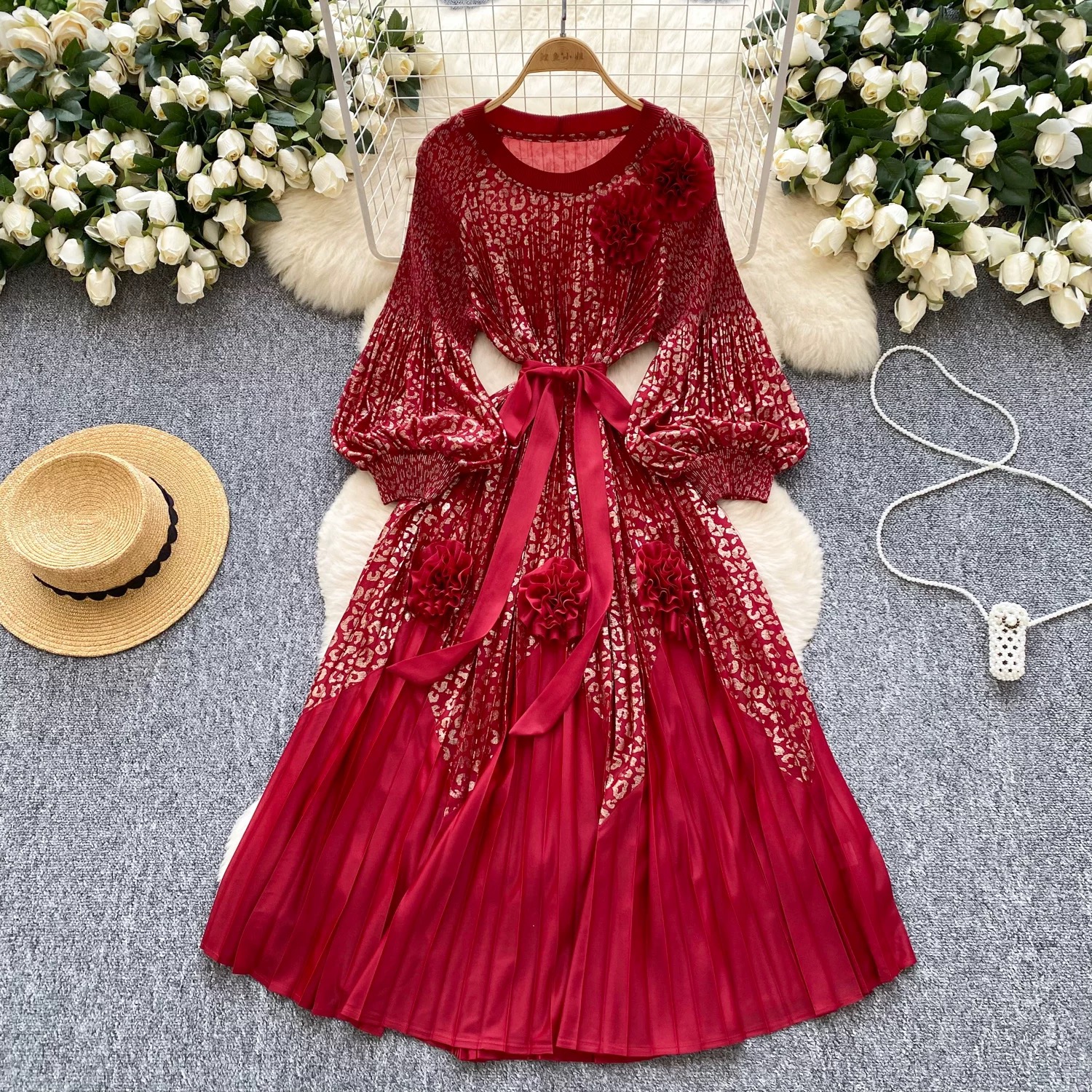 Miyake 2025 Cross border High end Hot Stamped Lantern Sleeve Folded Dress with Strap up 3D Decorative Flower Fairy Style Skirt Miyake 2025 Cross border High end Hot Stamped Lantern Sleeve Folded Dress with Strap up 3D Decorative Flower Fairy Style Skirt