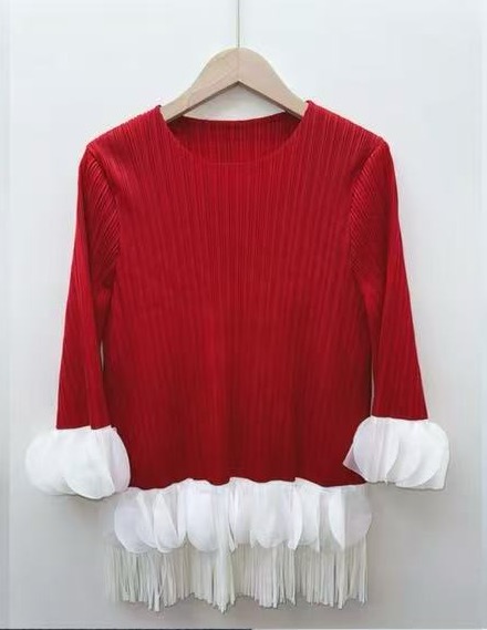 Folded color blocked ruffle edge three-dimensional decoration tassel design sense top autumn coat T-shirt cross-border European and American slim fit Folded color blocked ruffle edge three-dimensional decoration tassel design sense top autumn coat T-shirt cross-border European and American slim fit