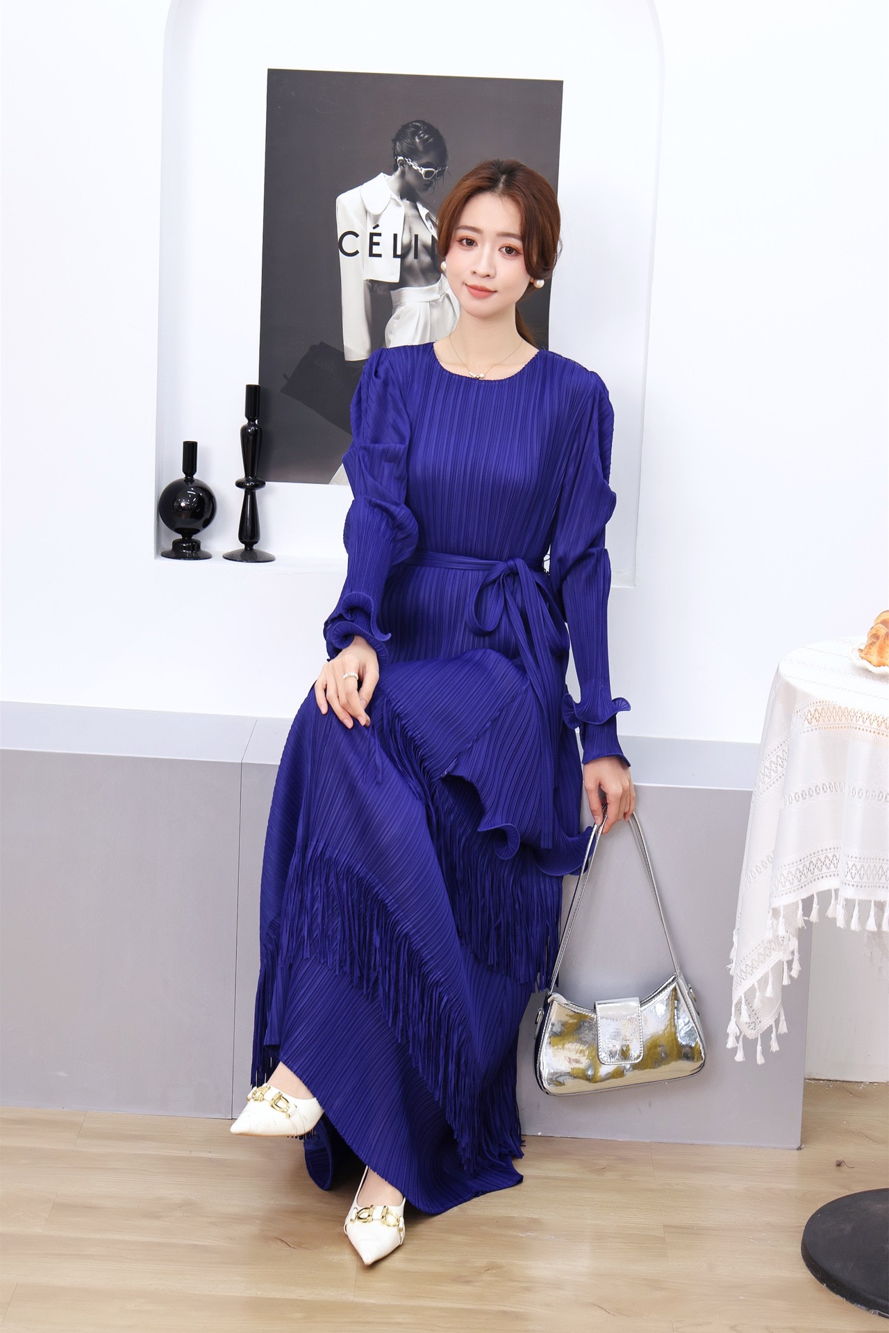 Miyake Cross border Heavy Industry Mushroom Edge Straightening tassel Folded Long Skirt Cake Skirt Long Sleeve Design Sensational Slimming Dress Miyake Cross border Heavy Industry Mushroom Edge Straightening tassel Folded Long Skirt Cake Skirt Long Sleeve Design Sensational Slimming Dress