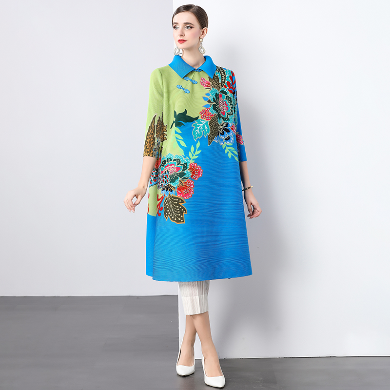 Miyake Chinese style lapel set with diamond print mm outfit with seven quarter sleeves and loose button pleats, shaking skirt, women's dress Miyake Chinese style lapel set with diamond print mm outfit with seven quarter sleeves and loose button pleats, shaking skirt, women's dress