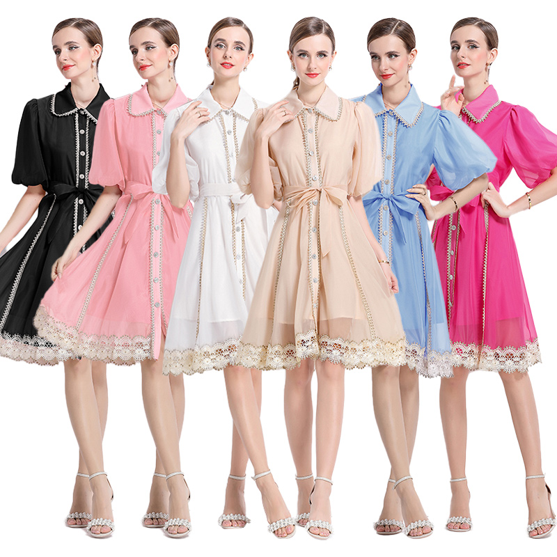 Real time shooting of summer new retro collar single breasted lace lantern sleeve dress