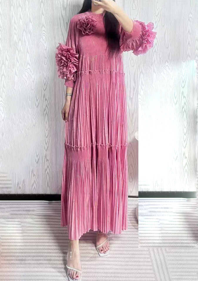 Printed pleated three-dimensional decorative flower plate flower autumn and winter loose slimming cross-border dress high-end lantern sleeve dress Printed pleated three-dimensional decorative flower plate flower autumn and winter loose slimming cross-border dress high-end lantern sleeve dress