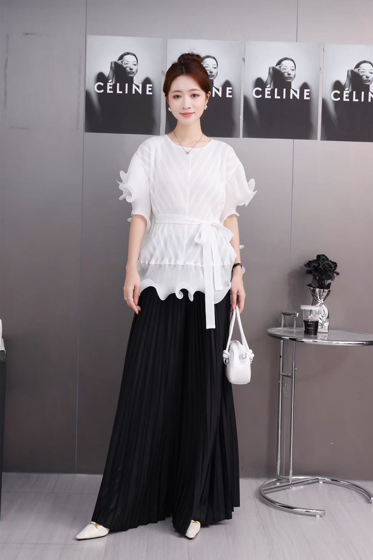 Sanzhai's new cross-border European and American fungus edge cinched waist mesh loose pleated top, wide leg pants, pleated pants women's set Sanzhai's new cross-border European and American fungus edge cinched waist mesh loose pleated top, wide leg pants, pleated pants women's set