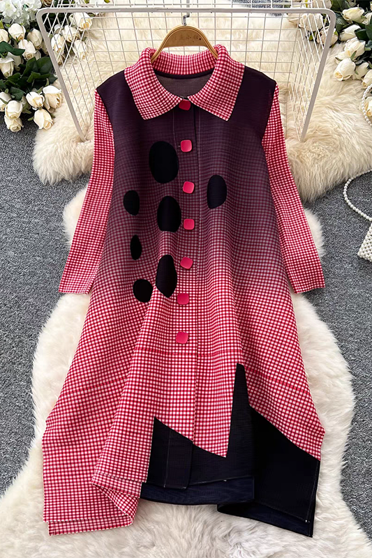 Sanzhai Spring and Autumn Mid length Loose Printed Slimming and Age Reducing Large Size MM Dress with Collar Fold and Nine Cent Sleeve Sanzhai Spring and Autumn Mid length Loose Printed Slimming and Age Reducing Large Size MM Dress with Collar Fold and Nine Cent Sleeve