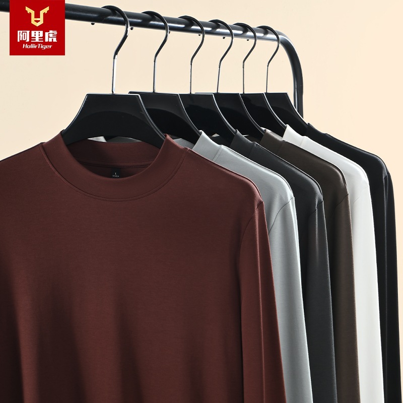 [Heavy weight 290g double-sided] Alibaba Tiger high-end semi high neck long sleeved sweatshirt for men, solid color casual base shirt for men, t