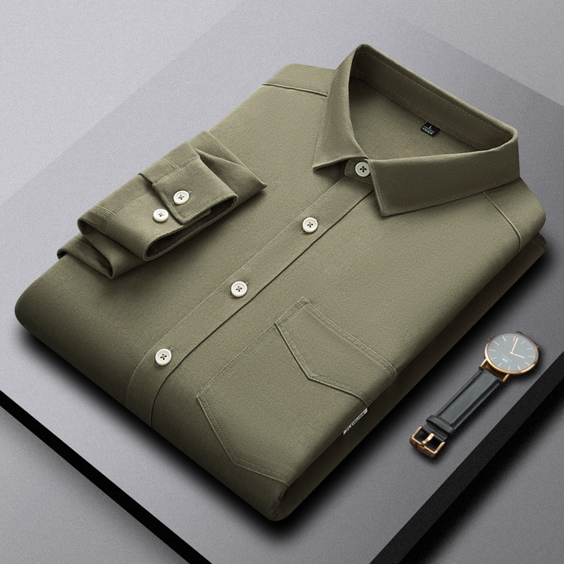 Cross border dithering sound explosive imitation jeans pocket shirt foreign trade long sleeved shirt casual men iron free solid top business