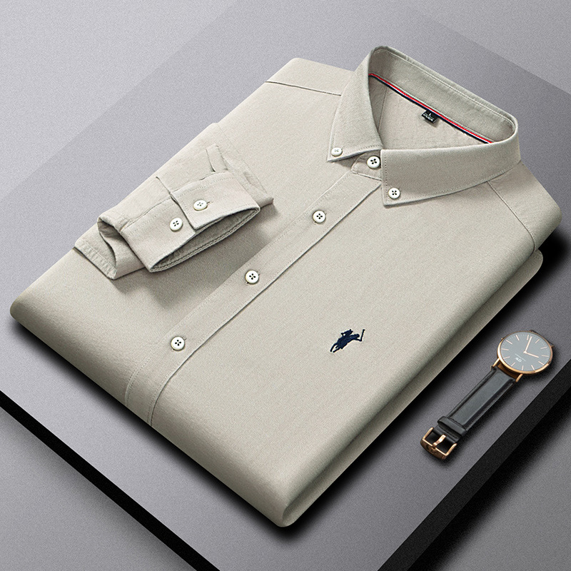 Shake sound explosive Paul embroidered polo shirt cotton lapel long sleeve shirt men's iron free Oxford spinning inch shirt