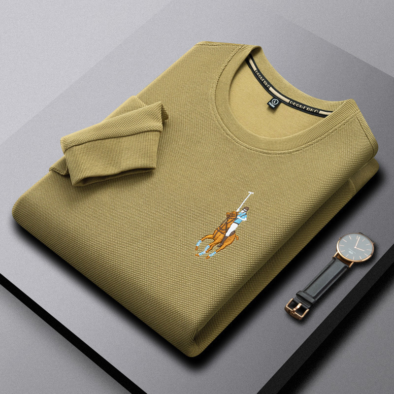 Paul waffle hoodie men's business casual high-end round neck long sleeved T-shirt embroidered brand base shirt with Malaysian logo