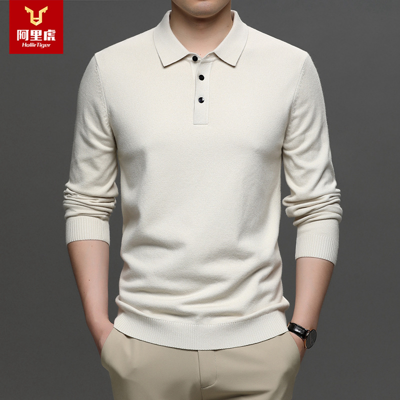 Alibaba Tiger Men's Spring and Autumn New Collection in Stock, Flip Collar, Non Ironing Treatment, Long Sleeve Business Men's Knitted Sweater, Men's Sweater