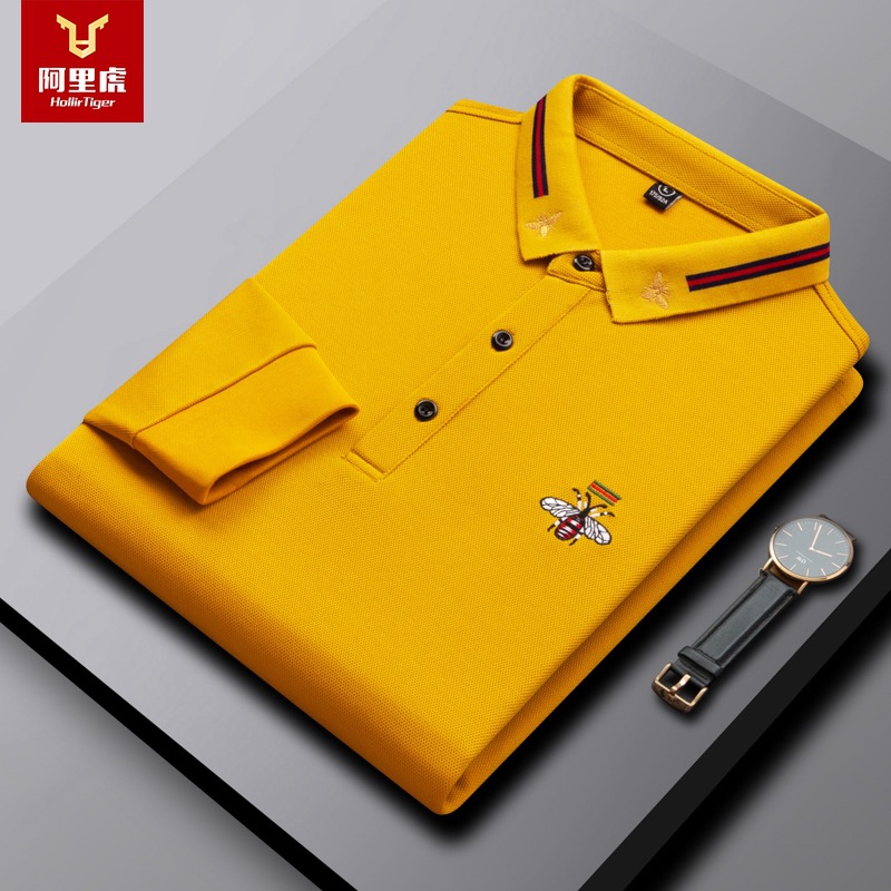 Long sleeved men's T-shirt solid color honey bee embroidery collar breathable dad top casual men's polo shirt light business