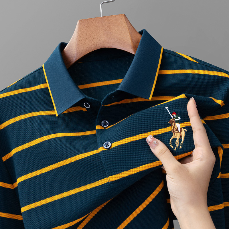 Paul genuine spring and autumn dad cotton color woven striped long sleeved men's polo shirt, business and casual versatile lapel shirt