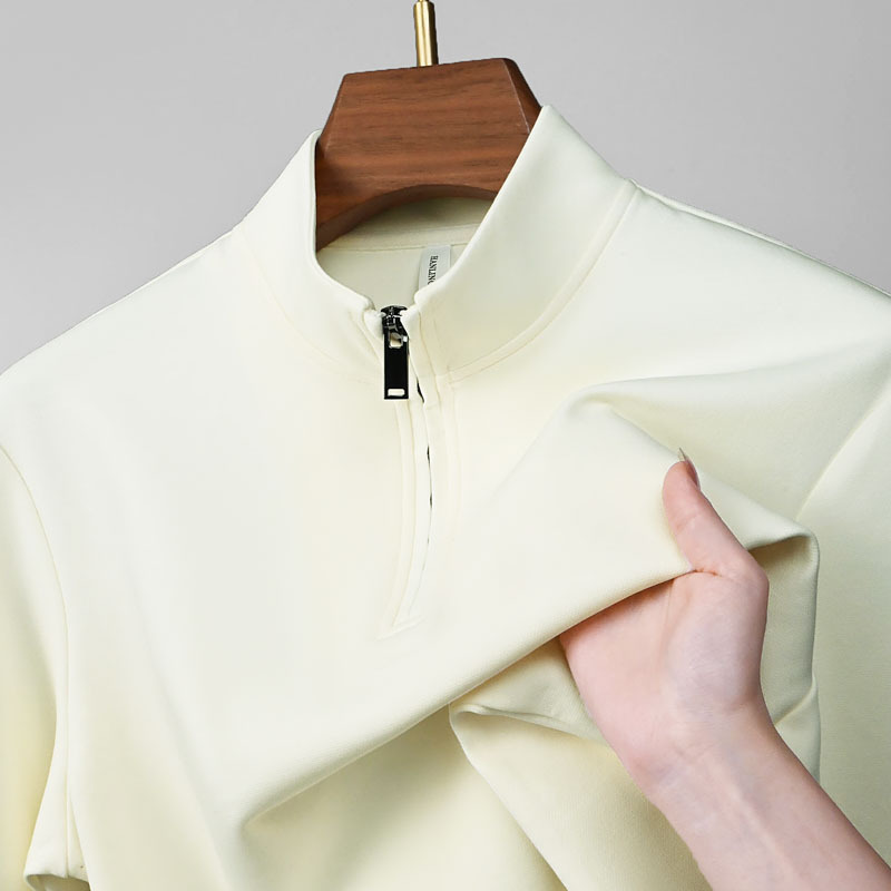 310G double-sided jacquard high-end business classic stand collar half open chest zipper middle-aged and young long sleeved solid color polo shirt for men
