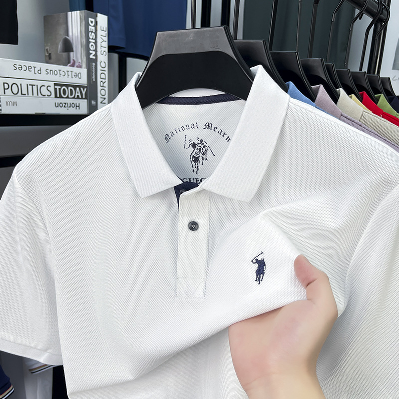 Authentic Paul 100% pure cotton short sleeved T-shirt, men's solid color, small horse logo embroidery, business high-end lapel T-shirt, polo shirt