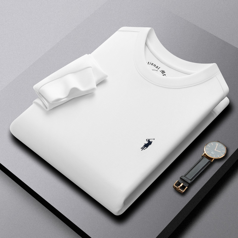 Unisex Spring and Autumn Embroidered Little Horse Logo Men's Round Neck Warm and Comfortable Long Sleeve White Hoodie Bottom Shirt Men's