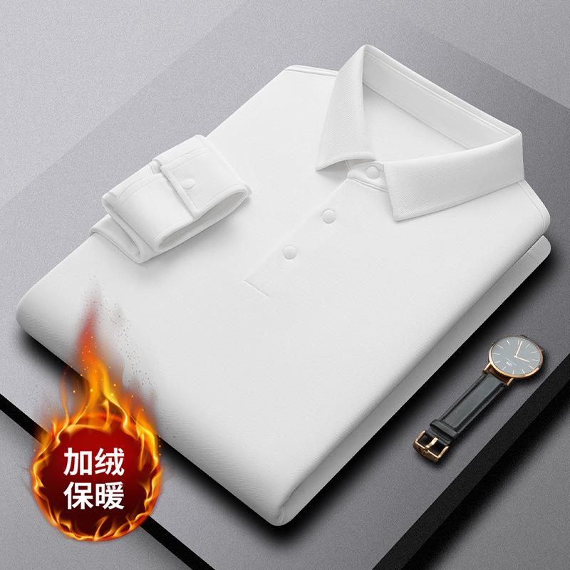 260g wool thermal fleece high-end luxury light business men's long sleeved plus fleece POLO shirt moisture absorbing and heat locking warm clothing