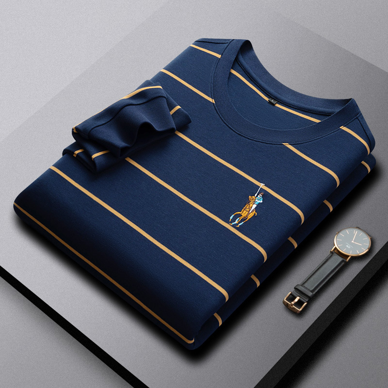 Paul's big brand style spring and autumn new embroidered polo t 100% pure cotton yarn dyed striped middle-aged and young long sleeved T-shirt for men
