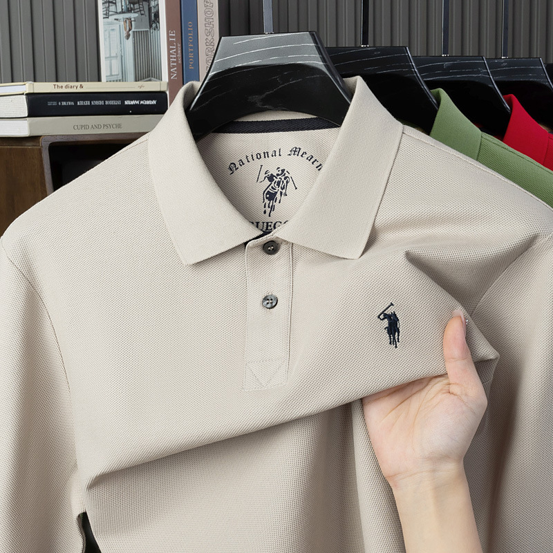 Men's long sleeved lapel T-shirt, pure cotton embroidered polo shirt, men's casual, no iron, middle-aged and young dad, spring and autumn top