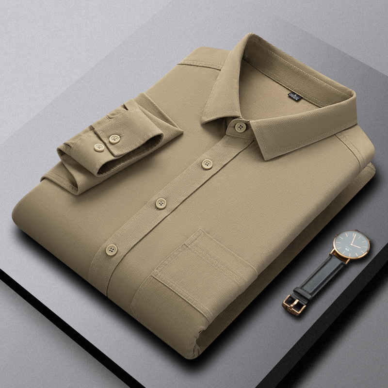 100% pure cotton thick twill long sleeved shirt men's wide casual shirt autumn simple and high-end wrinkle resistant inch shirt