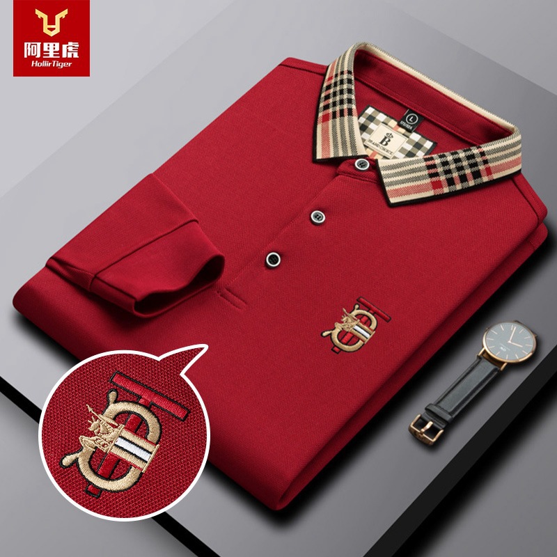 Alibaba Tiger Men's Autumn Solid Color Spot Embroidery Long Sleeve Daily Casual Combination Business Men's Polo Shirt