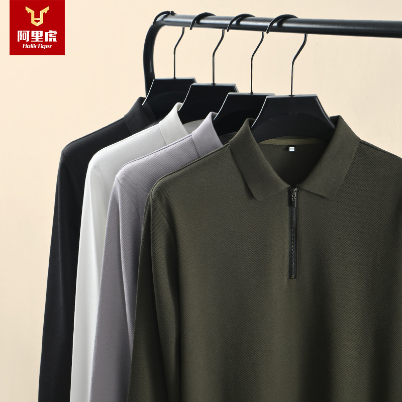 Alibaba Tiger Men's Autumn Counter Same Style Long Sleeve Shirt for Men, Business Casual, Middle aged Men, Pineapple Velvet Polo Shirt for Men