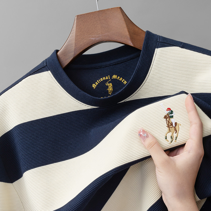 Men's round neck pullover, color woven striped long sleeved Paul shirt, casual small horse logo T-shirt, sea soul shirt, top T-shirt, a