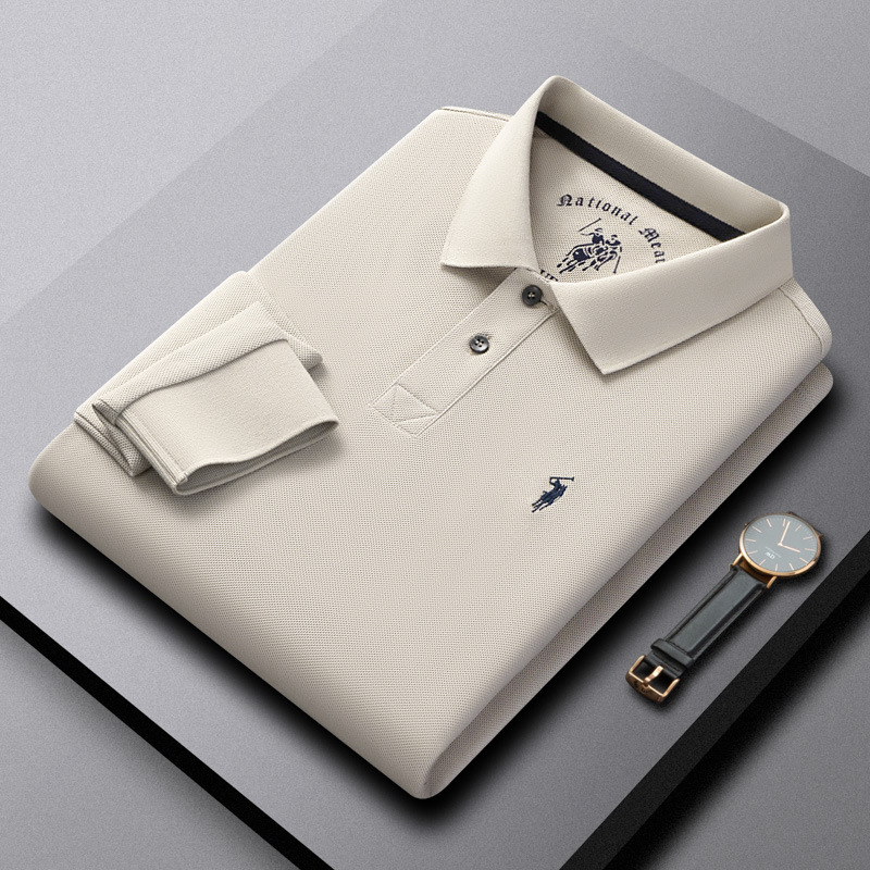 New Paul Polo shirt made of pure cotton embroidery, skin friendly, breathable, men's spring and autumn collar, high-end clean edition business long sleeved shirt