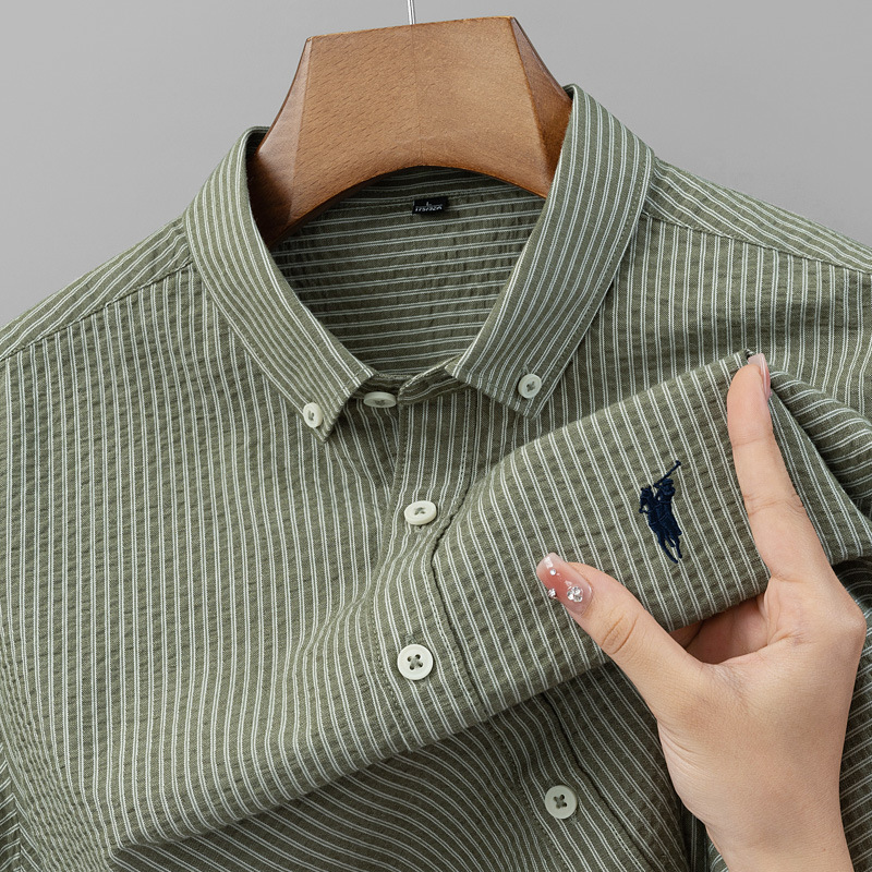 Xiaoma pure cotton shirt long sleeved casual foreign trade striped new embroidery autumn men's trendy shirt business men's clothing