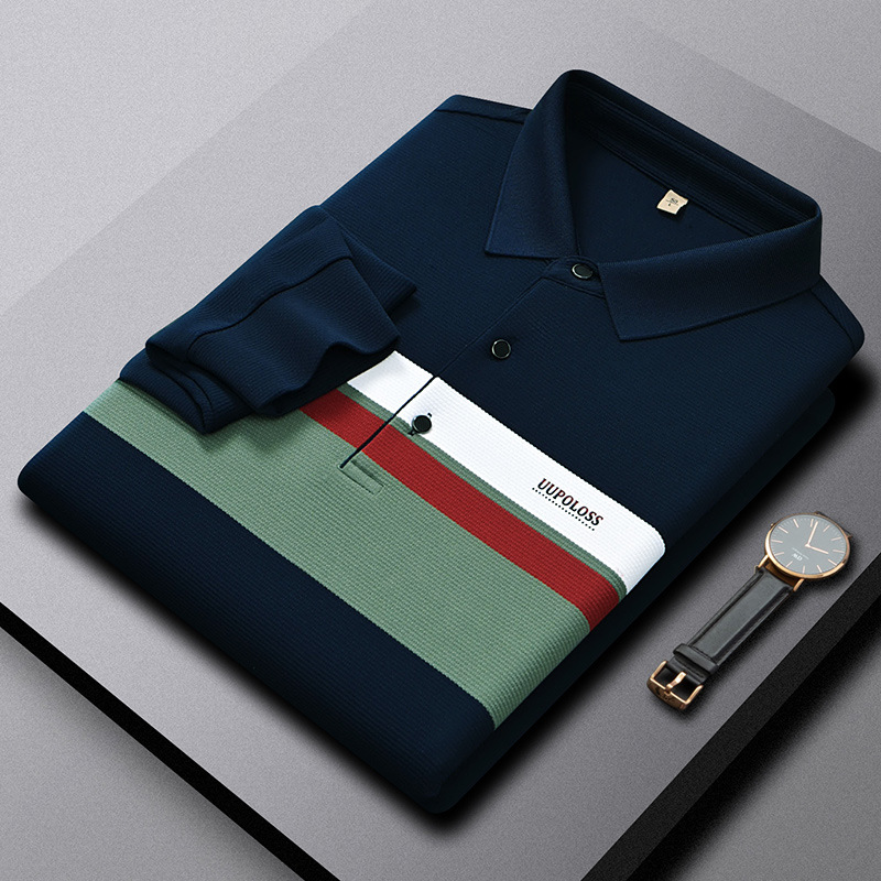 High end light luxury brand men's T-shirt new lapel long sleeved top t high-end striped contrasting men's Polo shirt