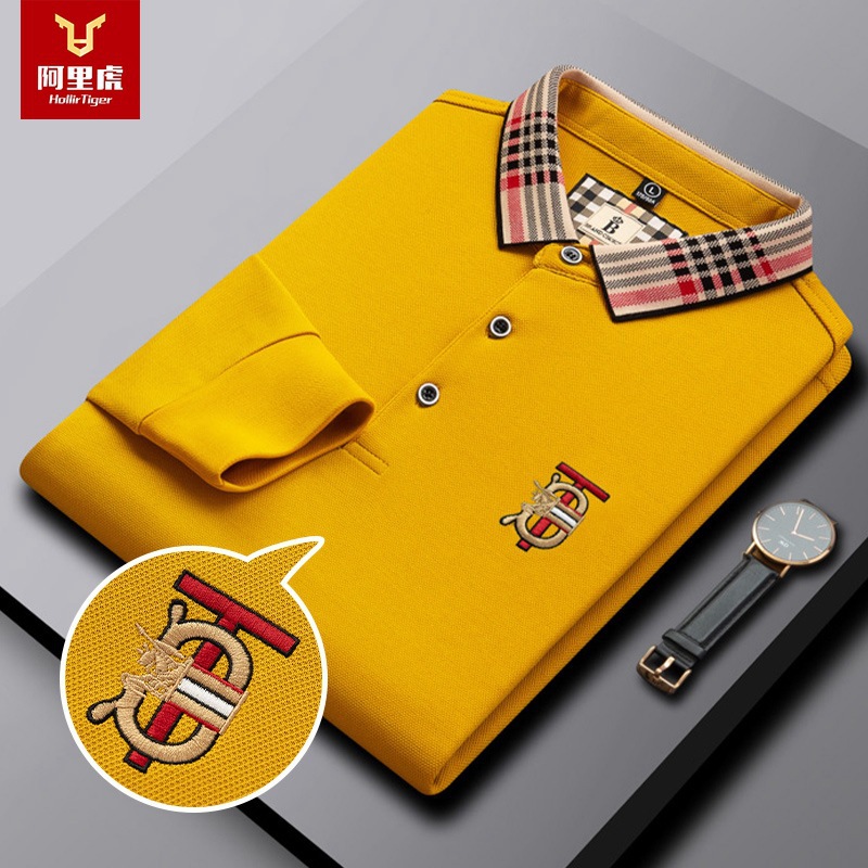 Alibaba Tiger Men's Autumn Solid Color Spot Embroidery Long Sleeve Daily Casual Combination Business Men's Polo Shirt