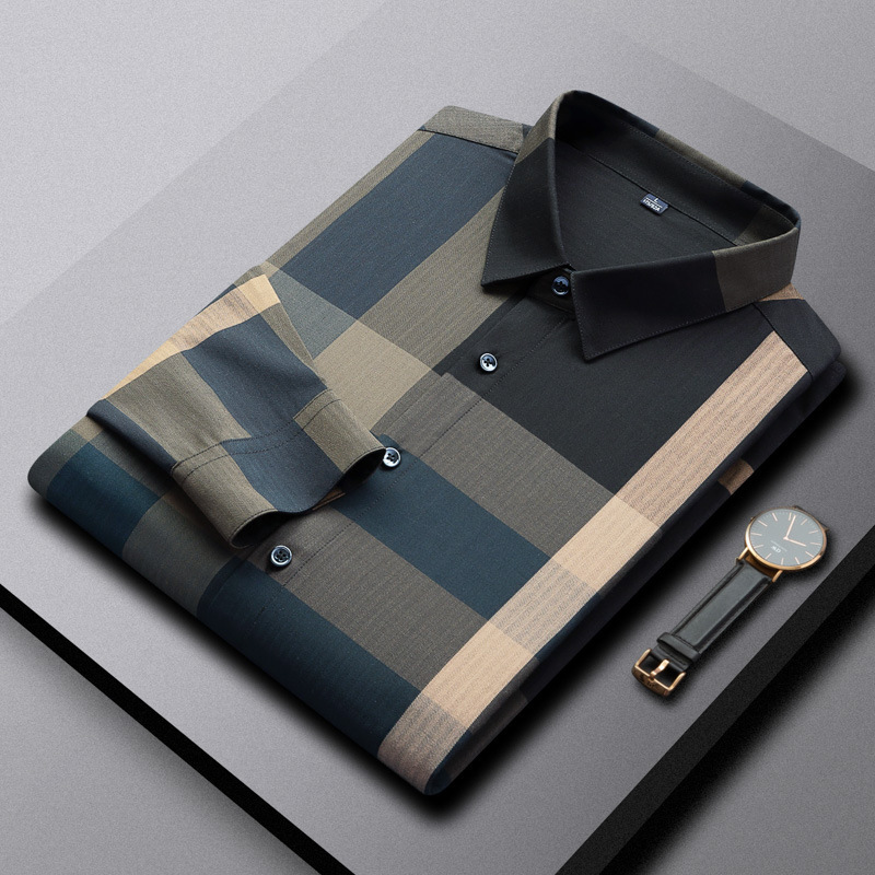 Alibaba Tiger Men's High end Brand Fashion Plaid Shirt Casual No ironing Plaid Stripe Long sleeved Shirt for Men