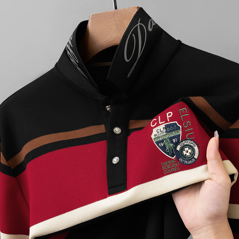 Copper ammonia silk bead fabric color woven strip cross-border foreign trade business casual simple POLO shirt men's collar long sleeved men