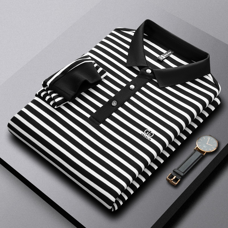 High end middle-aged long sleeved T-shirt men's lapel striped men's polo shirt autumn casual men's T-shirt base cotton T-shirt