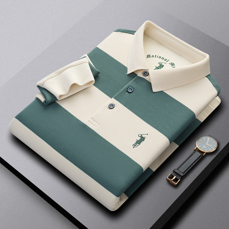 Healthy and skin friendly Spring and Autumn men's long sleeved T-shirt, comfortable and simple striped collar, polo shirt with small horse logo, middle-aged business T-shirt