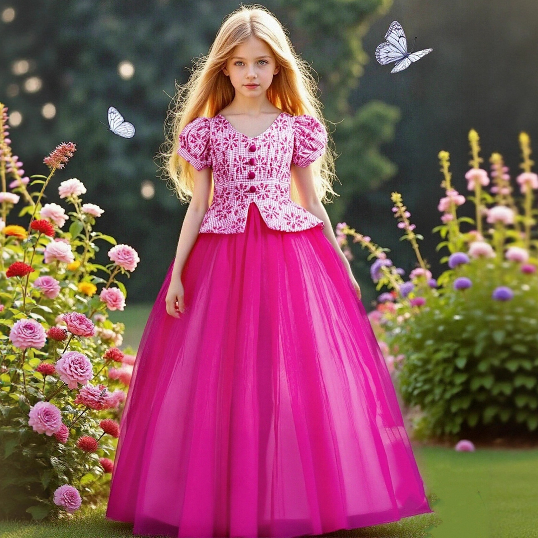 European and American girls' formal dress, princess dress, Thousand Bird Grid patchwork mesh, fluffy long dress, bubble sleeves, girls' stage performance costume